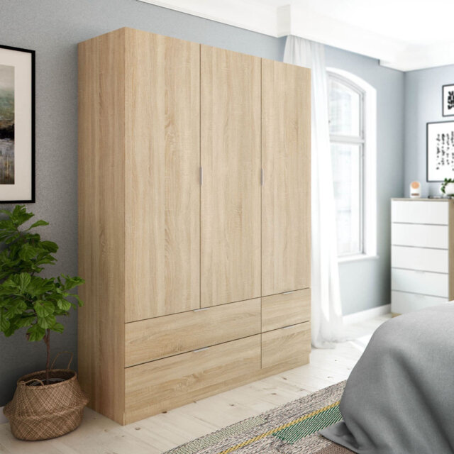Compact 3 Door 4 Drawer Effect Wardrobe With Hanging And Shelving Storage Space-saving 135cm