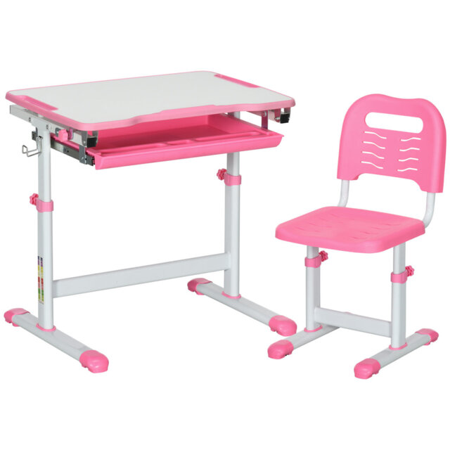 HOMCOM Kids Desk and Chair Set w/ Drawer, Pen Slot Hook - Pink