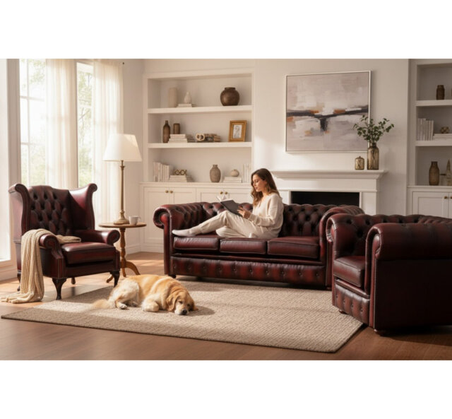 Chesterfield 3 Piece Suite. 3 Seater Sofa + Club Chair + Queen Anne Wing Chair Leather Sofa Suite Offer Antique