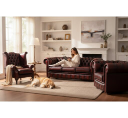 Chesterfield 3 Piece Suite. 3 Seater Sofa + Club Chair + Queen Anne Wing Chair Leather Sofa Suite Offer Antique