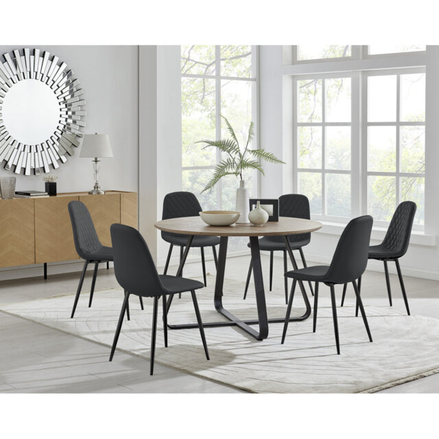 Sandy Classic Wood Effect and Metal Dining Table Set with 6 Luxury Faux Leather Dining Chairs