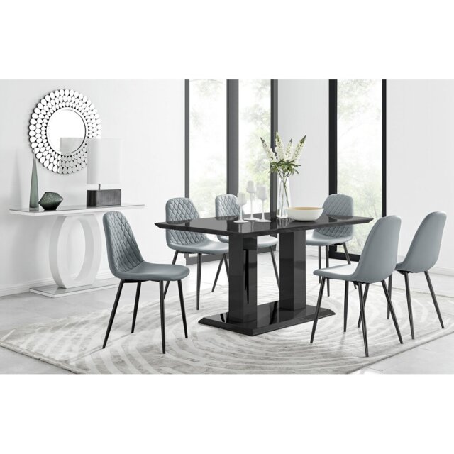 Edzard Pedestal High Gloss Dining Table Set with 6 Faux Leather Dining Chairs