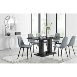 Edzard Pedestal High Gloss Dining Table Set with 6 Faux Leather Dining Chairs