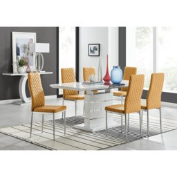 Renne Modern High Gloss Extendable Dining Table Set With 6 Quilted Faux Leather Dining Chairs