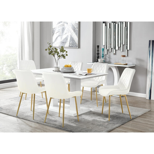 Edzard Double Pedestal High Gloss Dining Table Set with 6 Luxury Velvet Dining Chairs