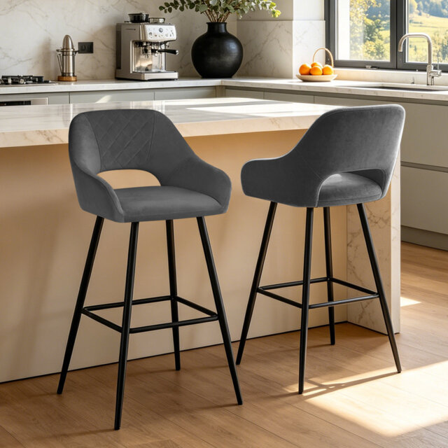Velvet Upholstered Bar Stools with Armrests and Cut‑Out Backrest