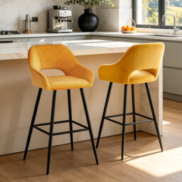 Velvet Upholstered Bar Stools with Armrests and Cut‑Out Backrest
