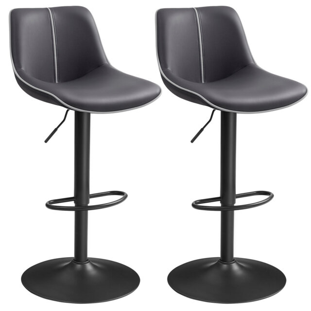 Bar Stools Set Of 2, Height Adjustable Swivel Kitchen Stools, Quilt, Synthetic Leather Bar Chairs With Back And Footrest, Dining Room, Counter, Steel