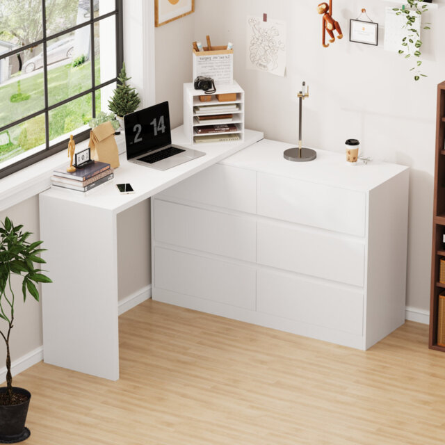 130cm Reversible L-Shaped Corner Desk, 6 Drawers, Home Office & Vanity Desk, White