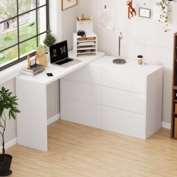 130cm Reversible L-Shaped Corner Desk, 6 Drawers, Home Office & Vanity Desk, White