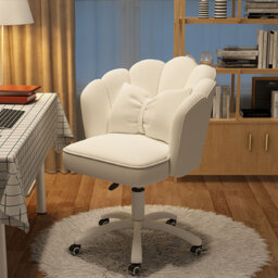 Petal Velvet Mid Back Swivel Vanity Desk Chair with Bow Cushion and Rolling Casters, White