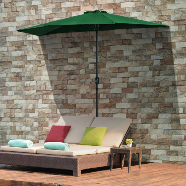 3m Green Half Round Patio Parasol, Waterproof 180gsm Polyester Wall Mount Balcony Umbrella With Crank Handle, Metal Frame Top Vent Design, No Base Inc