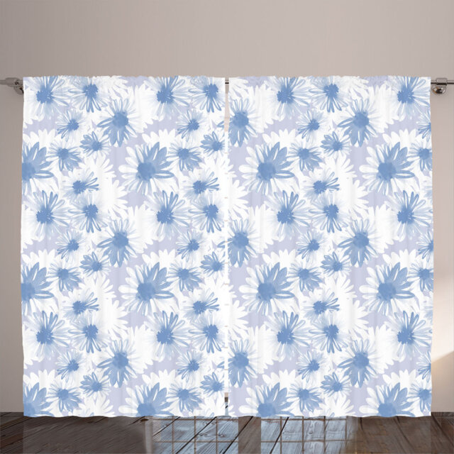 Rustic curtain, chamomile petal, pastel blossom, flowery, pale ceil blue and white