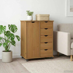 Rolling Cabinet With Wheel Solid Pine Wood Storage Office Minimalist