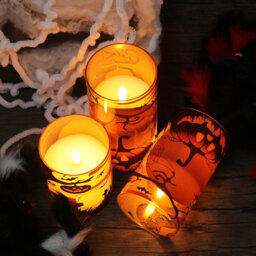 3 Pack Flickering LED Pillar Candles: Orange Glass, Spider Web/Pumpkin Decals, Battery Operated, Flameless, Real Wax