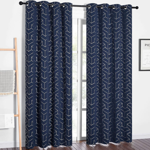 Navy Glitter Decorative Long Blackout Curtain Geometric Drapes Room Darkending, 132 x 213 cm, 1 Pair