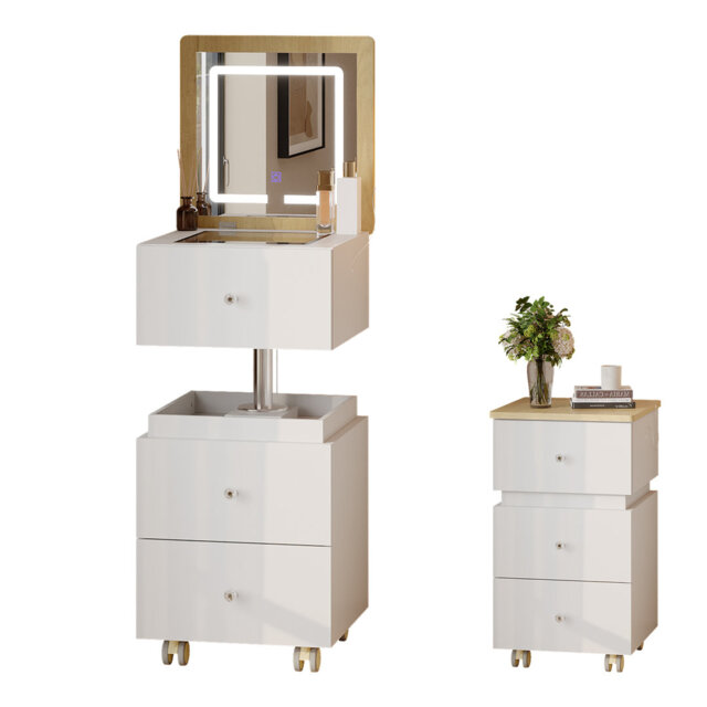 360 Rotating Mobile Dressing Table with Flip-Top LED Mirror - Bedside Vanity with 3 Drawers & Glass