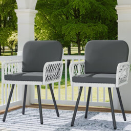 Patio Dining Chairs Set of 2 with Metal Frame & White Hand-Woven Rattan, Porch Armchairs with Cushion for Indoor, Garden, Balcony, Deck, Backyard