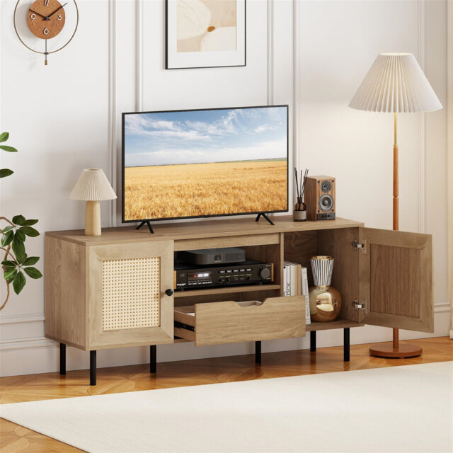 TV Stand Cabinet Boho Wooden Media Entertainment Center With Rattan Doors, Drawer And Storage Shelf, 6 Metal Legs TV Unit Console Table For Living Roo
