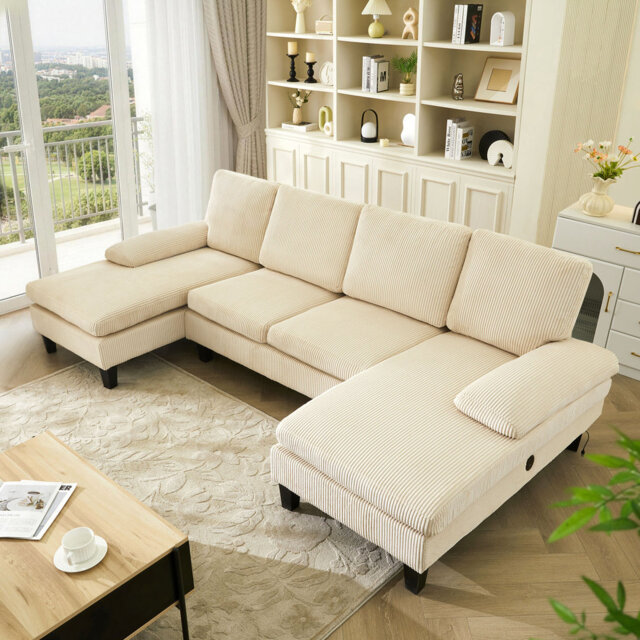 U-Shaped Sectional Sofa Couch with Charging Station, Corduroy 4-Seater Couches for Living Room, Corner Sofa with Chaise Lounges & Cushions Beige