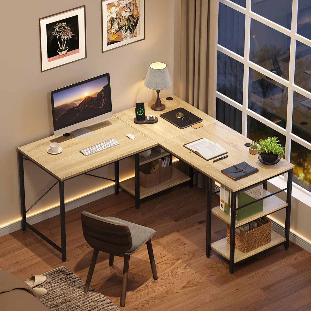 Vecelo Home Office Computer Table L-Shaped Corner Table Wood And Metal