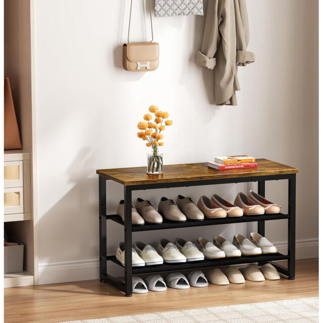 3 Tier Shoe Bench With Wooden Shelf, Shoe Storage Shoe Bench Storage With Seat