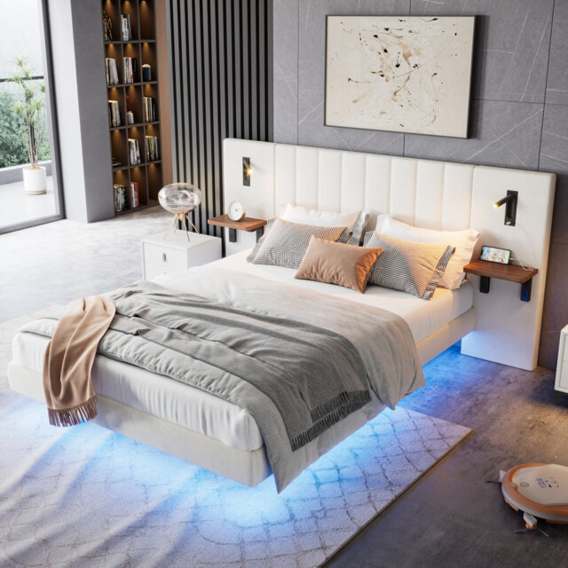 4ft6 Upholstered Bed With 2 Bedside Lamps,charging Socket