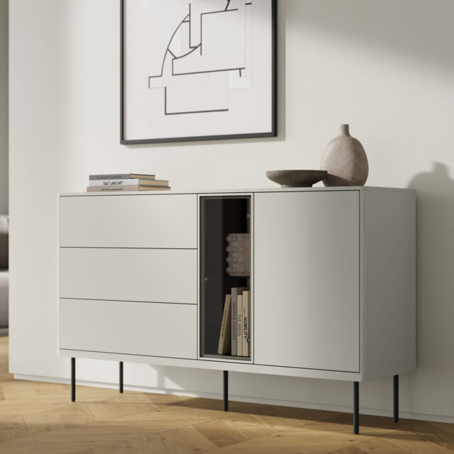 Berel 3 Display Sideboard Cabinet in Cashmere & Dark Oak - Illuminated Elegance