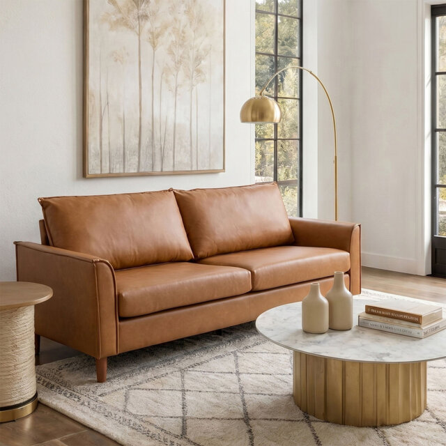 Alpha Mid-Century Modern Faux Leather Sofa With Solid Wood Legs