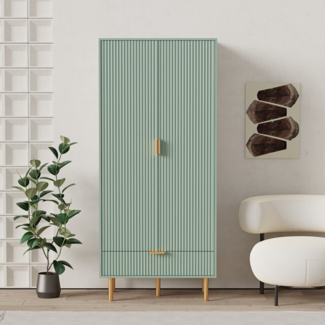 Freestanding Wardrobe With Drawer,Closet Storage Cabinet With Hanging Rod,Space-Saving Clothes Organizer For Bedroom