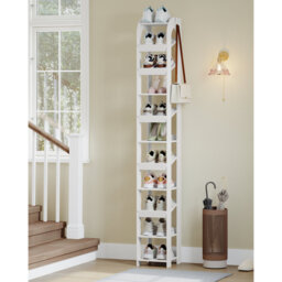 Vertical Shoe Rack, Shoe Shelves for Small Space, Freestanding Closet Wooden Shoes Organizer with Hooks, Adjustable Shoes Tower for Entryway, Living R