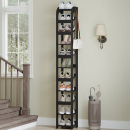 Vertical Shoe Rack, Shoe Shelves for Small Space, Freestanding Closet Wooden Shoes Organizer with Hooks, Adjustable Shoes Tower for Entryway, Living R
