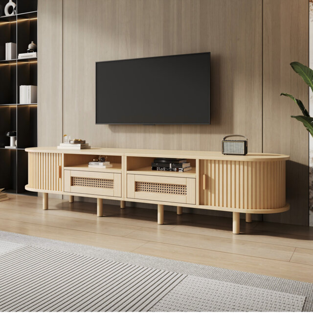 Tv Stand For Tvs Up To 70‘’ With 2 Rattan Drawers And 2 Sliding Doors Walnut