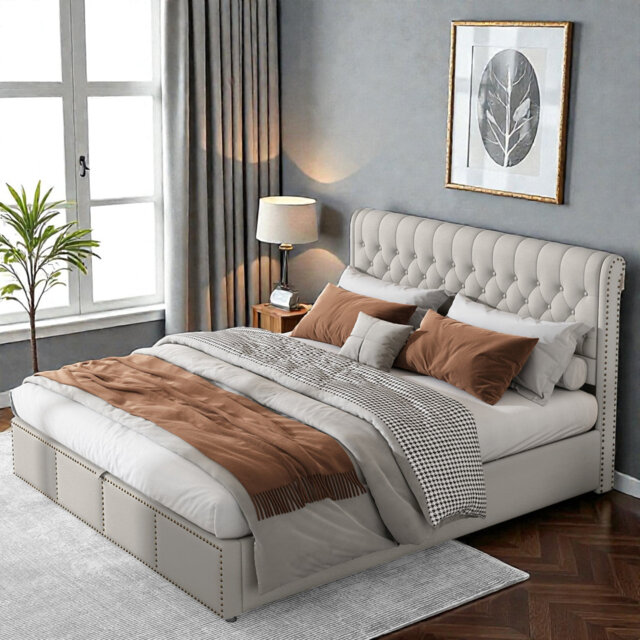 Caddo Velvet Upholstered Bed With Hydraulic Lever, Functional Storage Bed, Rivet Decoration