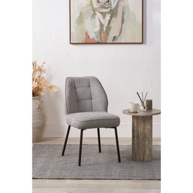 Enya Light Grey Chenille and Black Metal Quilted Back Dining Chair