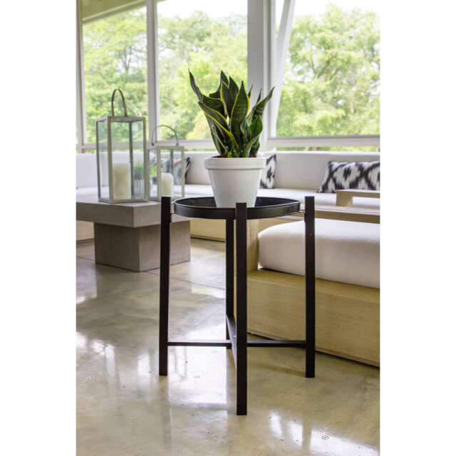 "Folding 20"" H Single Folding Plant Stand With Metal Tray, Black"