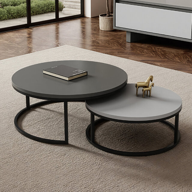 Modern Nesting Coffee Table Set Of 2, Round Side Tables With Black Metal Frame & Grey Top, Stackable Space-saving Design For Living Room, Balcony, Bed