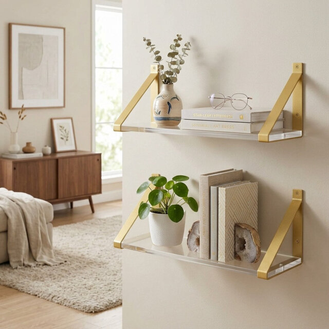 Elegant Gold & Clear Acrylic Floating Wall Shelves - Set of 2
