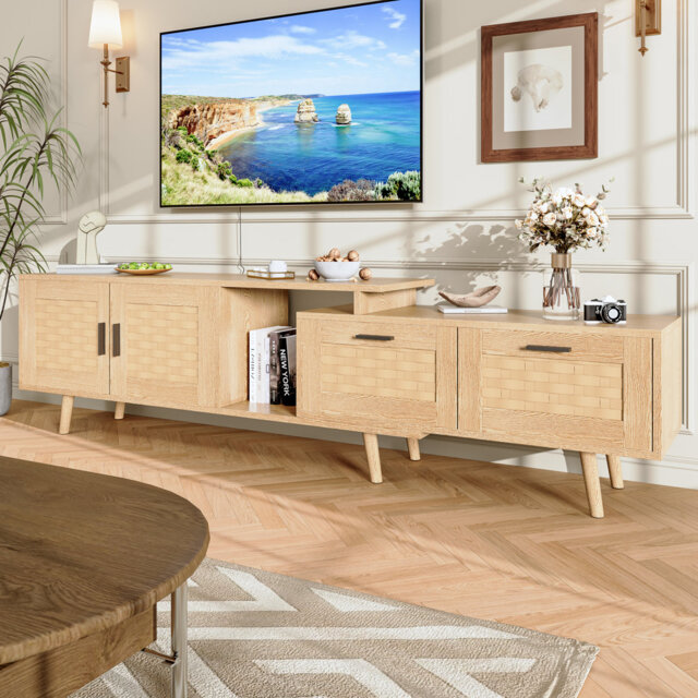 Extendable Oak TV Stand With Woven Door And Drawer Fronts, 2 Doors & 2 Drawers, Fits Up To 75-Inch TV