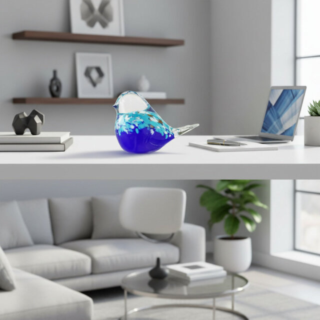Handmade Blown Glass Blue Bird Figurine - Unique Art Decor