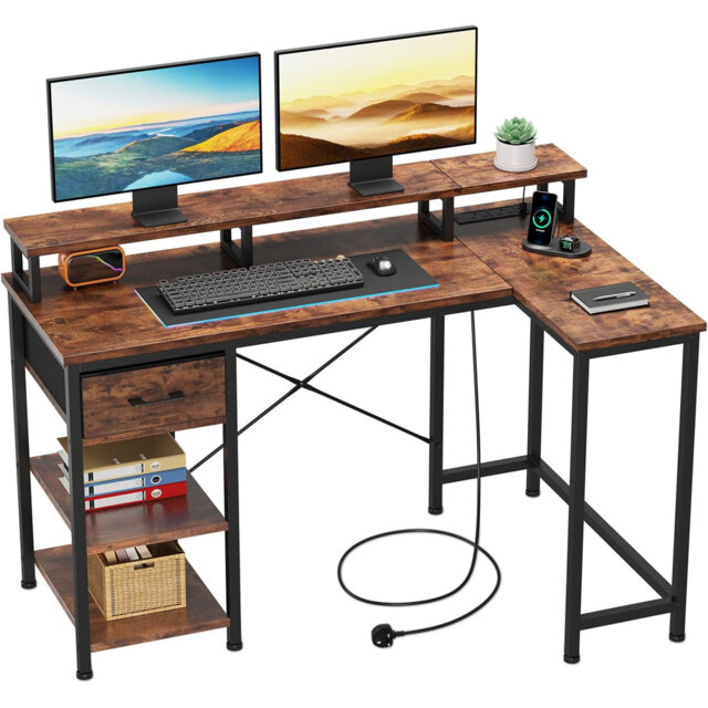 L Shaped Desk with Power Outlet Corner Computer Desk with Storage Shelves & Fabric Drawer, Study Writing Table Gaming Desk for Home Office L120xW80xH8
