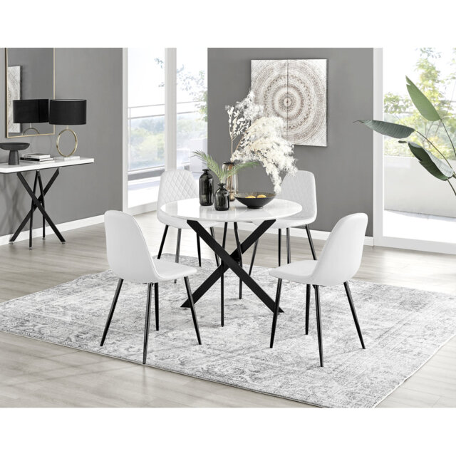 Tierra Modern Metal & Glass Round Dining Table Set with 4 Luxury Dining Chairs