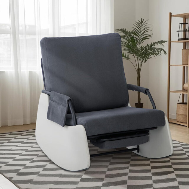 Rocking Recliner Chair For Adults, Modern Upholstered Plush Seating Glider Recliner Chair With Side Pocket, Three Levels Of Adjustment, Modern Nursery