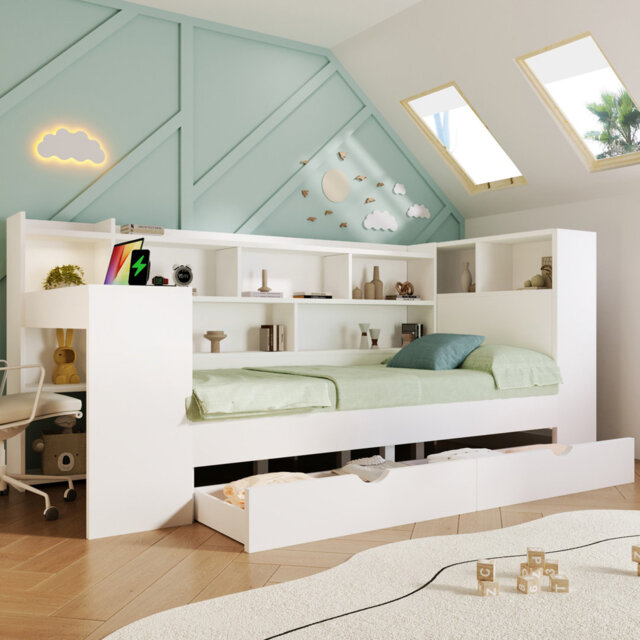 White 3ft Single Daybed With Bookcase, Desk, Storage Drawers & Usb/type-c Ports, 90Ã190cm