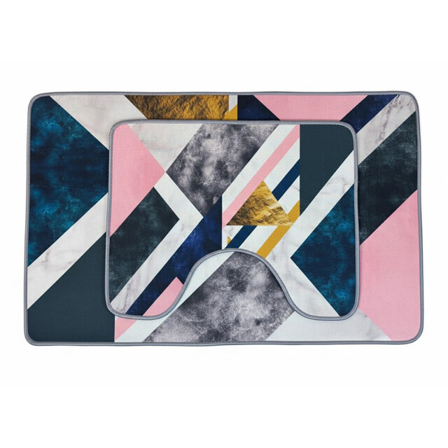 Modern Marble & Gold Geometric 2-Piece Bathroom Rug Set: Blush Pink and Navy Blue Abstract Non-Slip Bath Mats