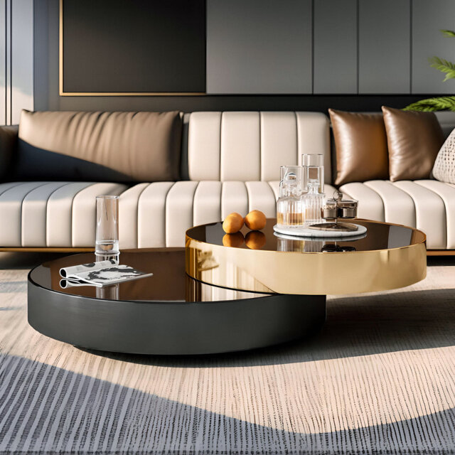 Modern Oversize 39.37 '' Round Coffee Table Set, Expandable Nesting Table Gold&Black Finish with Glass Top