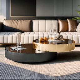 Modern Oversize 39.37 '' Round Coffee Table Set, Expandable Nesting Table Gold&Black Finish with Glass Top
