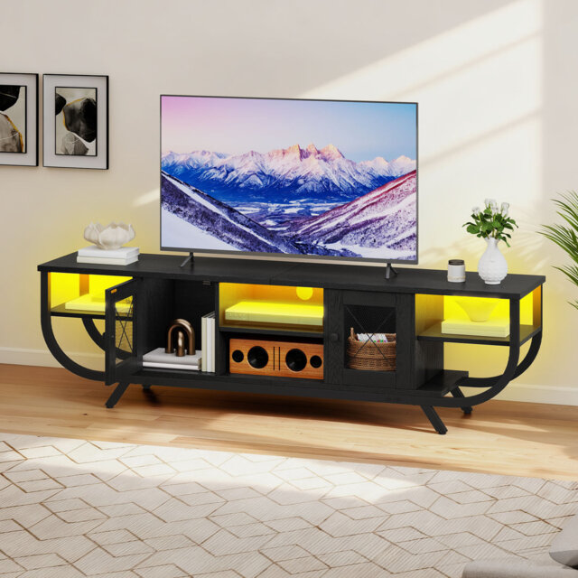 TV Stand For TV Up To 55 Inches, LED Gaming Entertainment Center With Cabinet, 2 Doors TV Cabinet With Open Storage & Cabinets