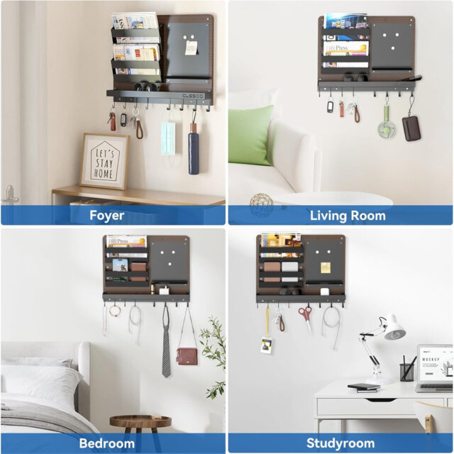 Key Holder & Letter Racks For Wall, Key Hooks Wall Mounted With 8 Key Hooks And 2 Letter Holders, Magnetic Board, Floating Shelf - Key Rack Hanger Hom