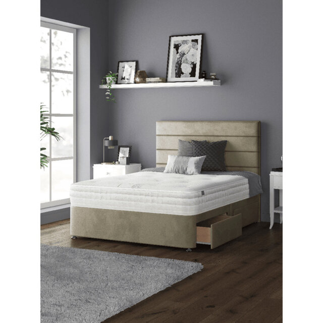 Kiara Stripped Floor Standing Headboard with Divan Base Plush Velvet and Metal Feet